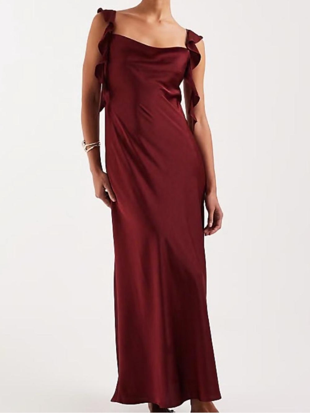 Ruched Burgundy Maxi Dress with Ruffle Straps